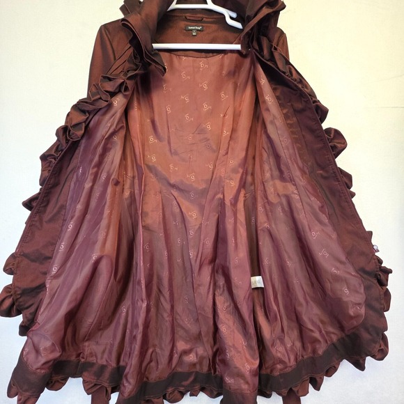 Samuel Dong Coat Women L Brown Metallic Ruffle Steampunk Satin Gothic Vintage - Picture 3 of 16
